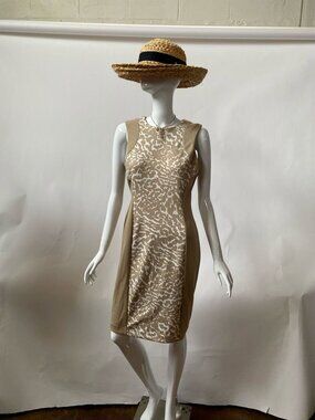 Calvin Klein Beige & White Sheath Dress With Sleeveless Design & Rear Zip Closur